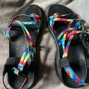 Chaco Women's Black Sandals with Rainbow Tie-Dye Straps